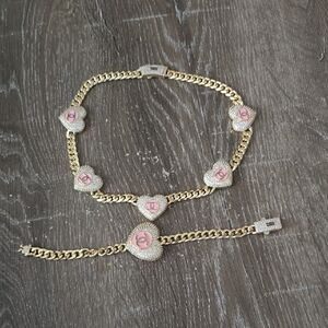14k Gold Plated Pink Heart Charm Bracelet and Necklace Set